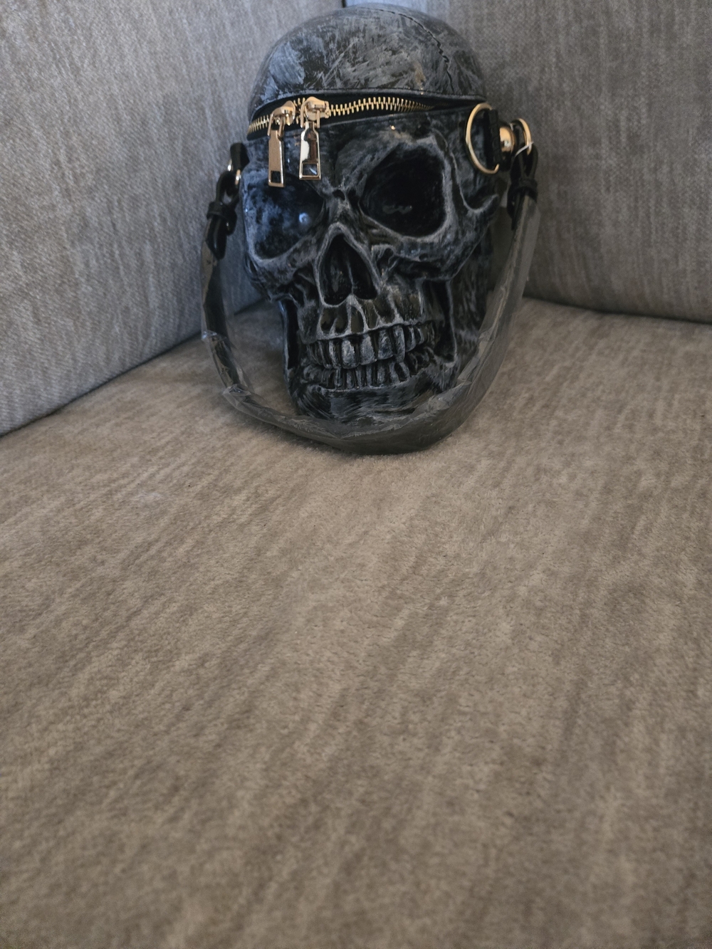 Skull-Shaped Crossbody Bag in Black and Gray with Gold Hardware